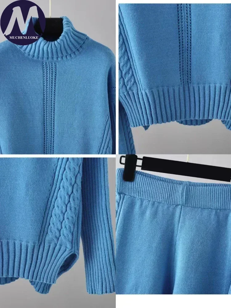 Damen-Set mit Rollkragen, Strickpullover und Mantel, lässig, locker, elastische Taille, weites Bein, Hose, 2-teiliges Herbst-Winter-Outfit