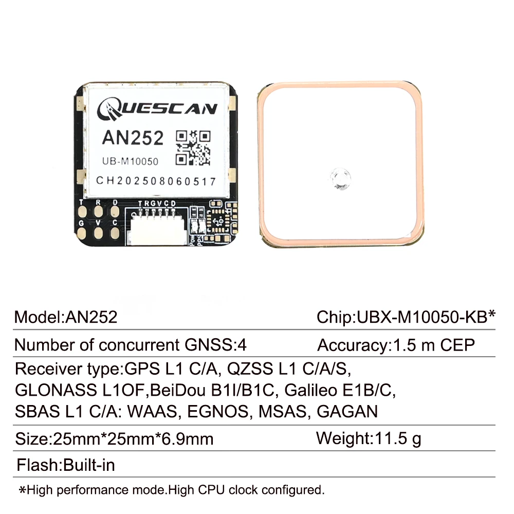 QUESCAN 25mm AN252 10Hz M10 GNSS Module GPS GLONASS BeiDou Galileo QZSS SBAS Module Antenna Receiver M10050 GPS Configurable