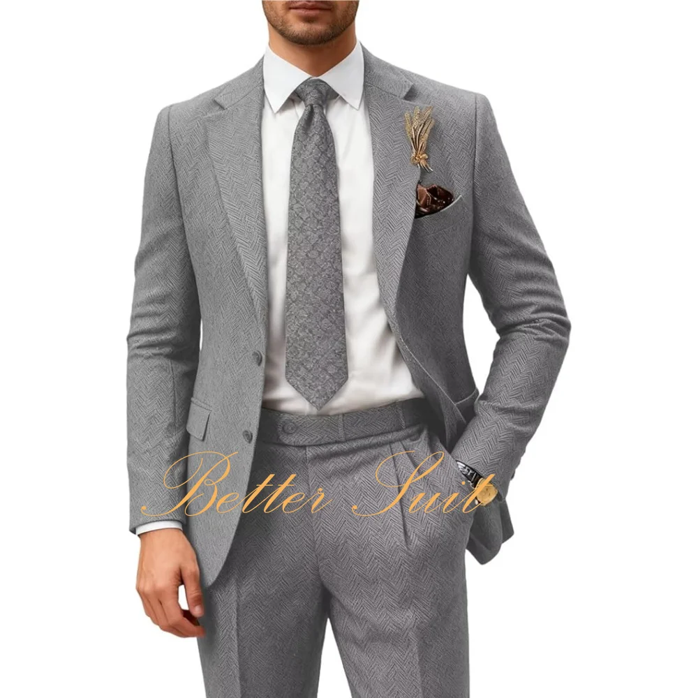 

Retro 2 Pieces Tweed Herringbone Men Suit Slim Fit Double Breasted Jacket Pants Set Formal Men Wedding Tuxedo