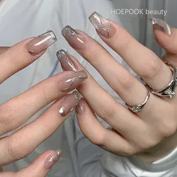 24pcs Silver Mirror Long T Reusable False Nails Art Seamless Removable Full Cover Acrylic Press On Fake Nails Press On Nail Set