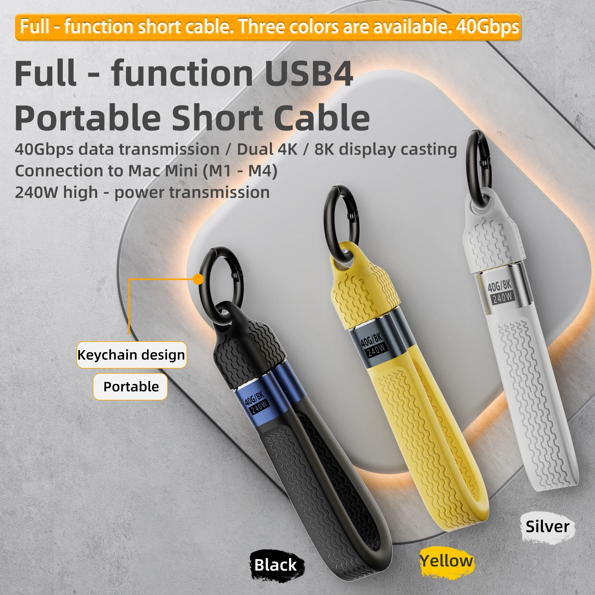 USB 4 Cable Portable Keychain 240W USB C Charging Cable 40Gbps Data Transfer Thunderbolt 4/3 8K@60Hz Video Display for iPhone16