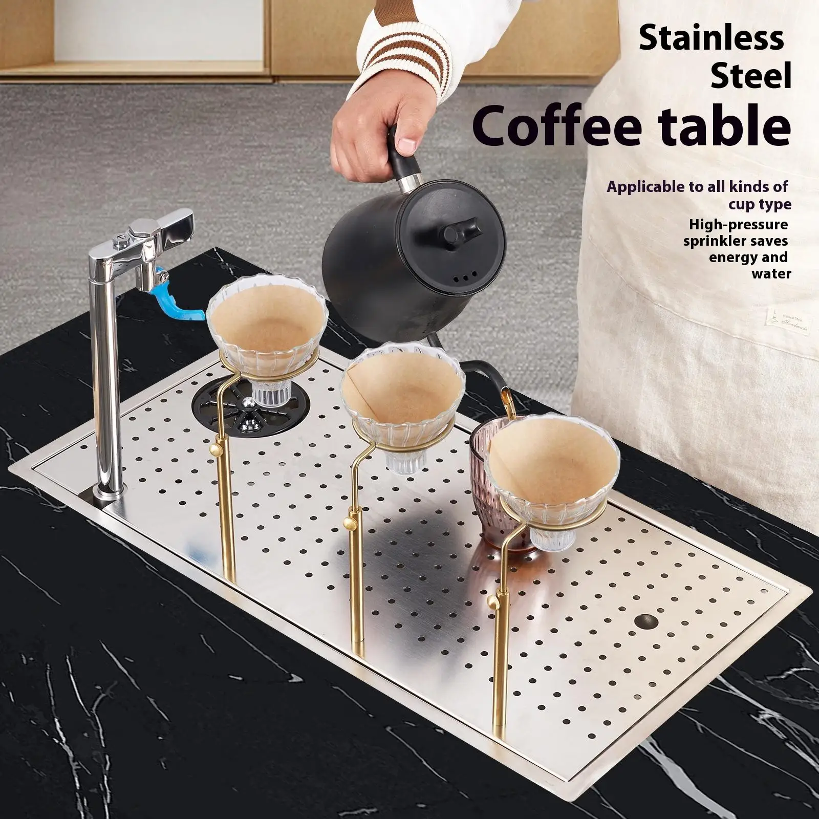 Stainless Steel Hand Brewed Sink High-Pressure Cup Washer Coffee Holder Tea Hand Brewed Coffee Making Drain Table Pushing Faucet