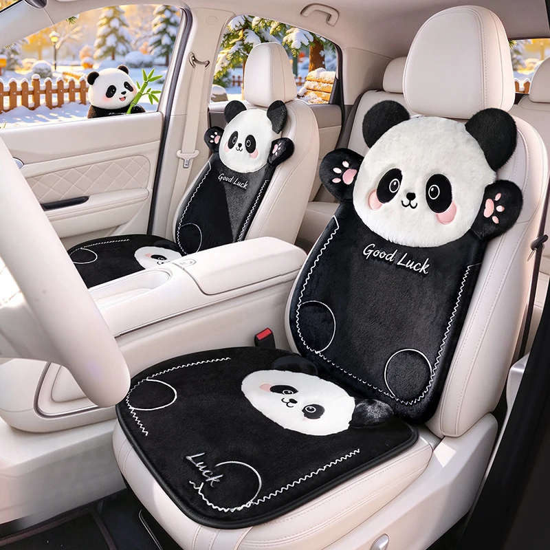 NEW Cute Car Seat Cover Women Universal Breathable Plush Cartoon Panda Black White Interior Protector Auto Accessories Pillow