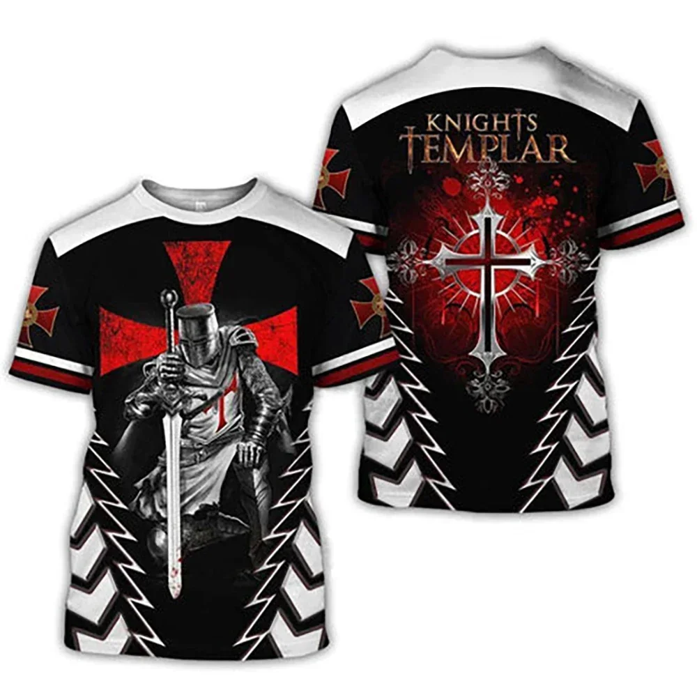 

Men Vintage Summer European Retro Knights Templar 3D Printed Oversized T-shirts Round Neck Clothes Short Sleeves Tops