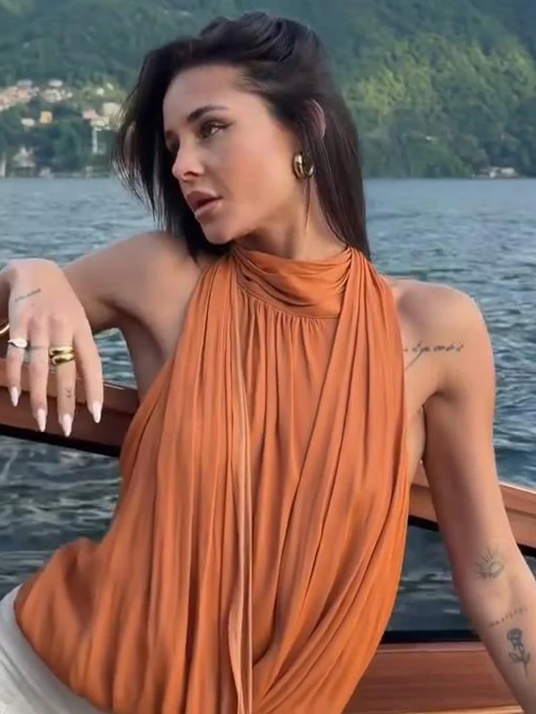 Damen-Oberteile, einfarbig, Pullover, Neckholder, Stehkragen, plissiert, rückenfrei, ärmellos, glamourös, locker sitzend, Partykleidung, Strandkleidung – Detail 15
