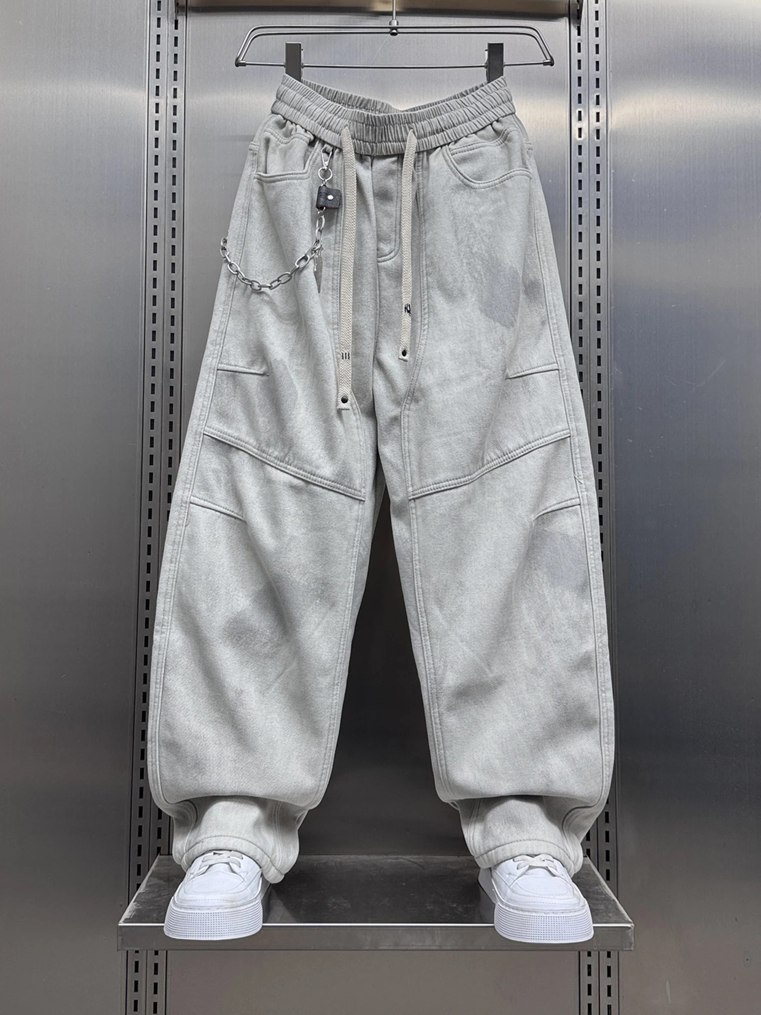 

Модные мужские брюки с флисовой подкладкой, эффектом потертости и тай-дай, повседневные, свободного прямого кроя, со средней посадкой, на резинке, зимние, новинка