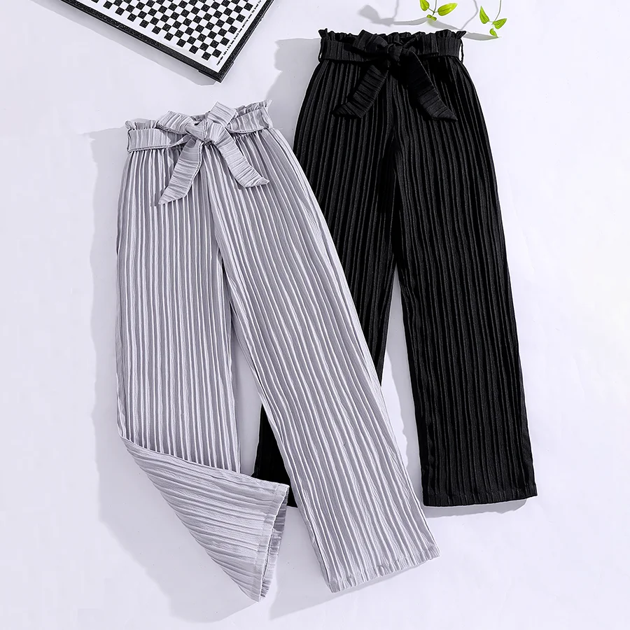 Spring and autumn girl fashion pit strip loose straight leg loose wide leg casual pants 2 pieces
