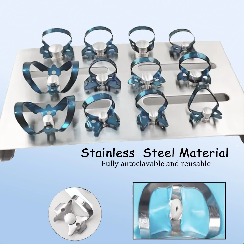 

12Pc Dental Rubber Dam Clamps Kit Assorted Stainless Steel Endo Isolation Clips for Moisture Control w/ Frame Holder