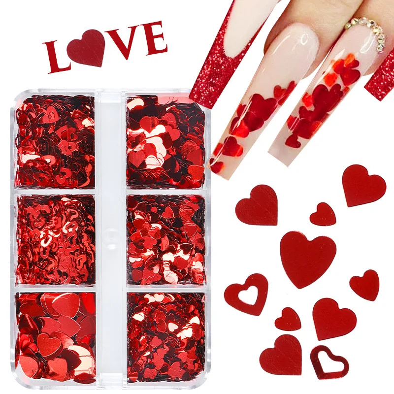 

6 Slots/box Shining Red Heart Manicure Art Design Decorations Valentine Nail Charms Ornament Press On Nails Glitter Accessories