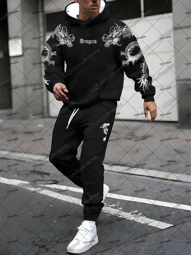 Herbst Winter Neue Männer Trainingsanzug Anzüge Hoodies + Lange Hosen Sets Drachen Muster Streetwear Casual Anzüge Übergroßen Männer Sport Outfit