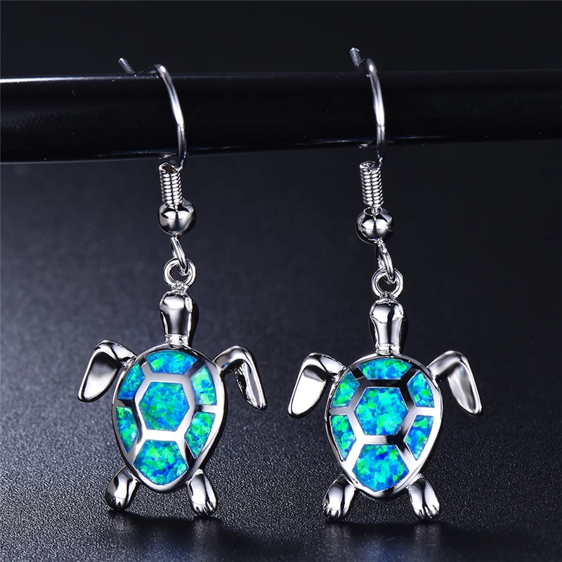 Pendientes bohemios con forma de tortuga marina para mujer, aretes colgantes de ópalo de Fuego Azul, joyería de fiesta de compromiso de boda