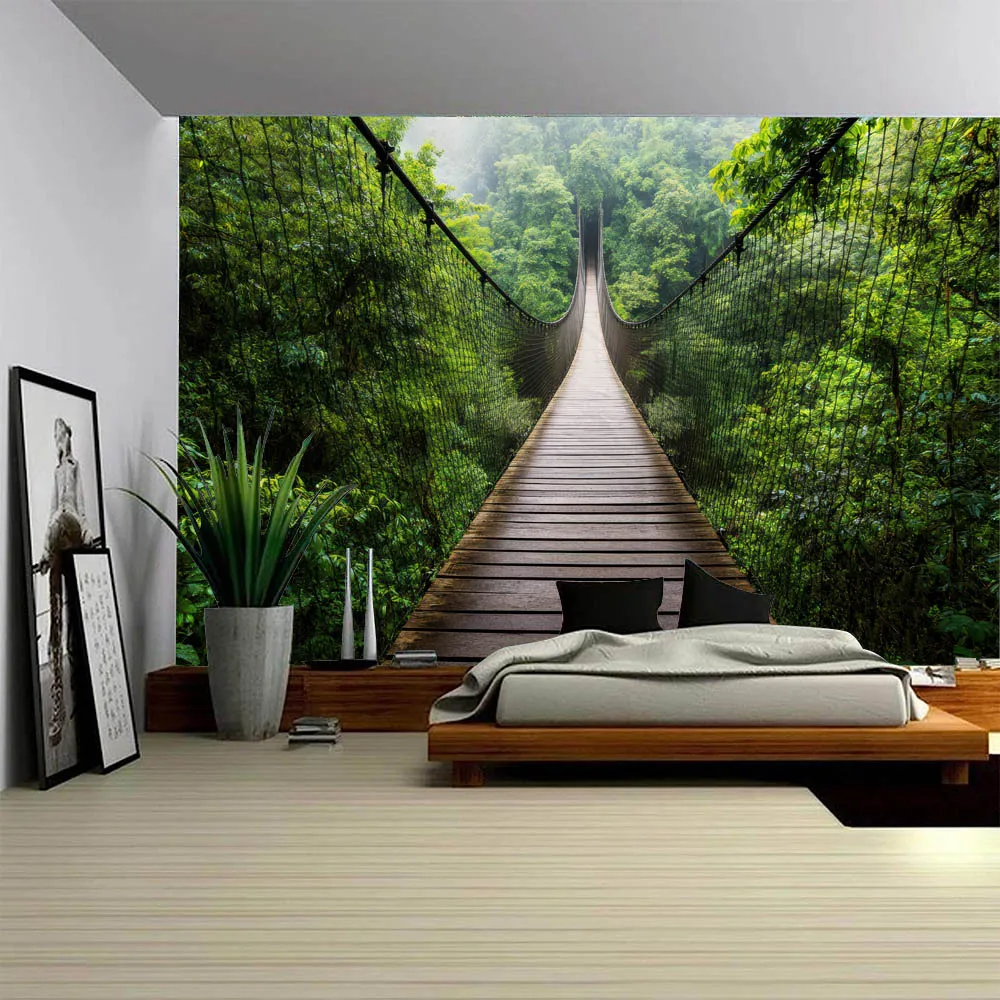Forest Suspension Bridge Wall Tapestry Lush Green Rainforest Boardwalk Scene Natural Living Room Bedroom Decor Murals