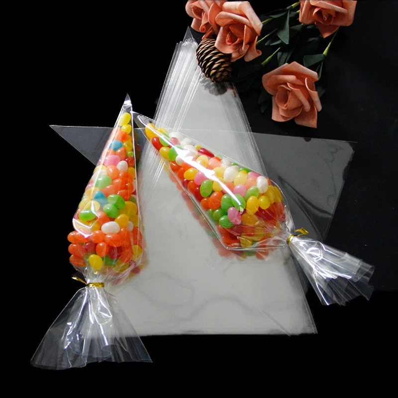 100pcs Clear Cone Candy Storage Bags Cones Transprant Plastic Bag Popcorn Candy Bags For Baby Shower Wedding Party Bags Supplies