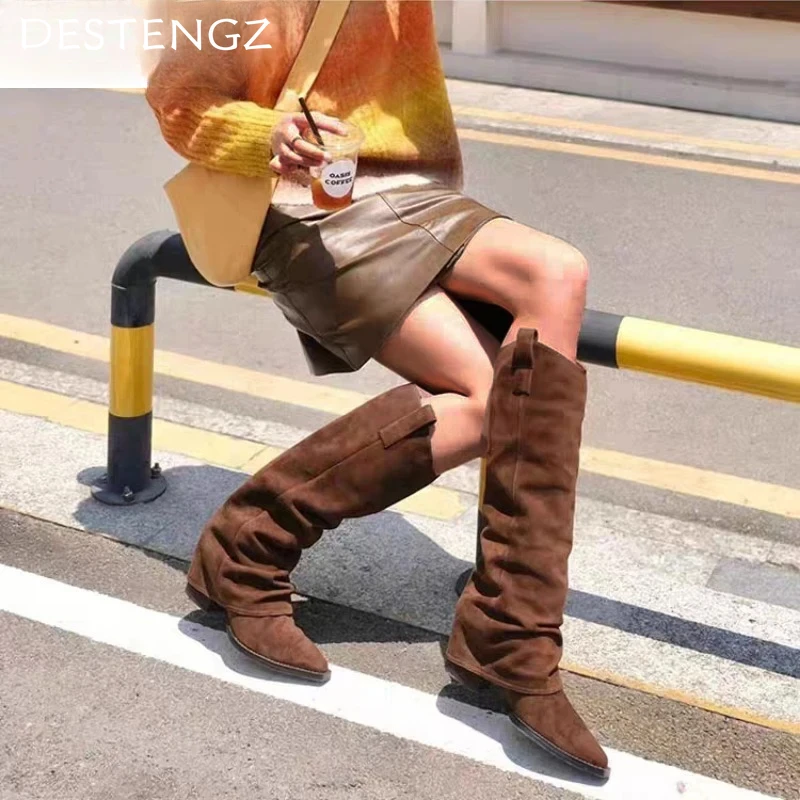 Pointed Toe Women High Boots High Heels Suede Winter Shoes Woman 2025 Trend Chunky Snow Boots New Designer Chelsea Botas Mujer