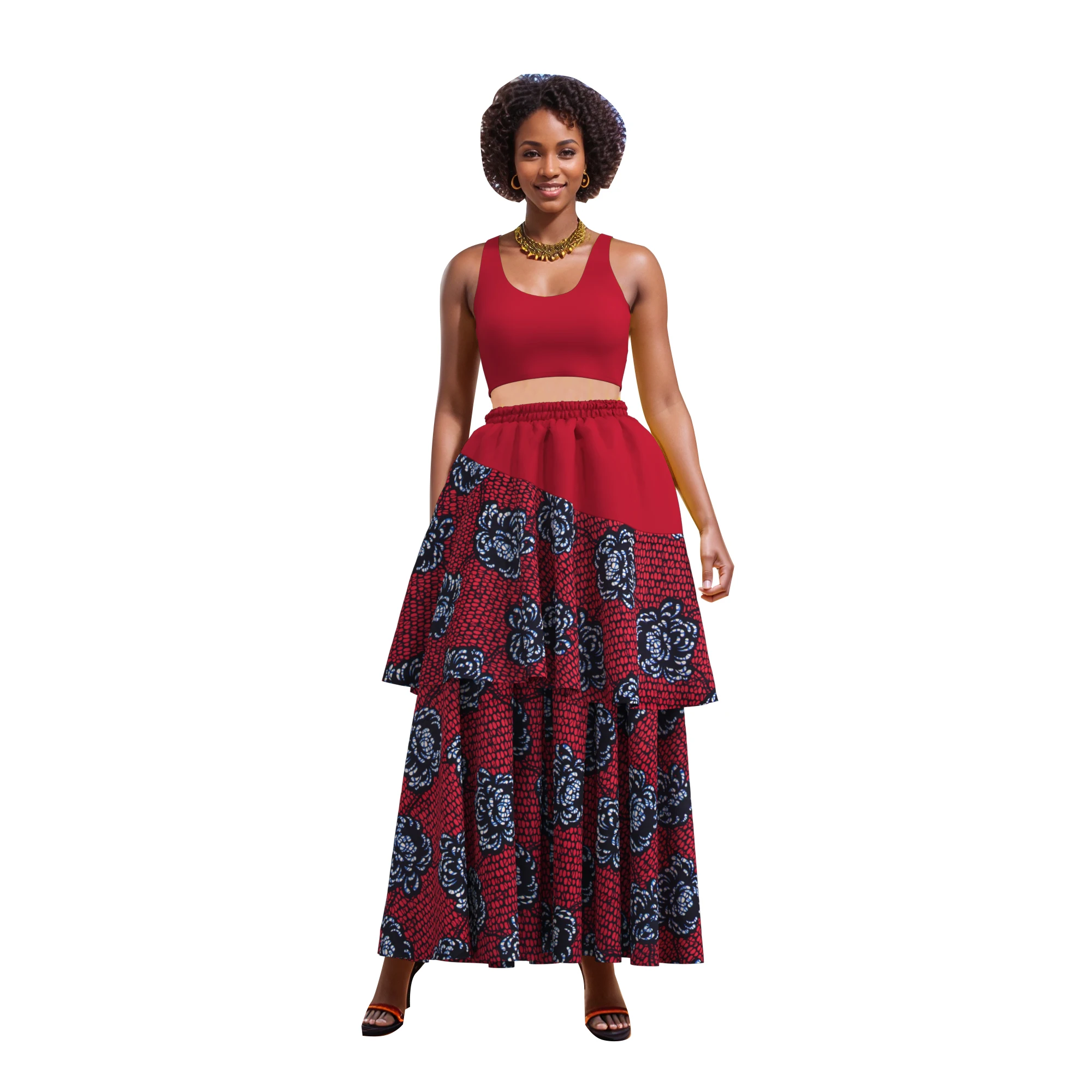 

African High Waist Women's African Dashiki Wax Print Skirt Ankara Double Layer Skirts Elastic Waist Lady Maxi Long Skirt WY11199