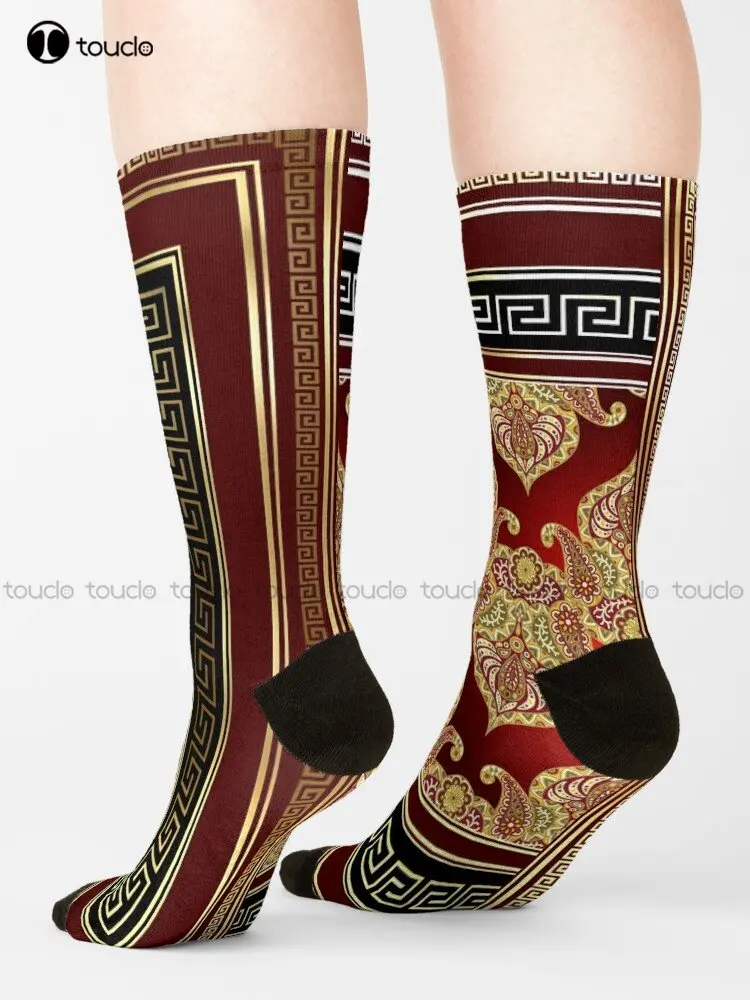 Greek Key Maroon Red Gold Black Floral Paisley Socks Fun Socks For Women Personalized Custom Unisex Adult Teen Youth Socks