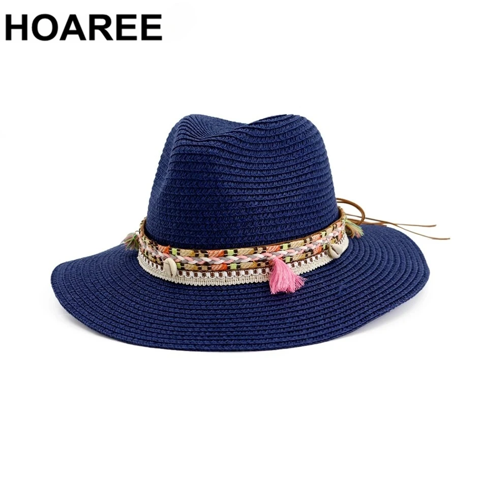 

HOAREE Navy Women Straw Sun Hat Solid Ladies Elegant Panama Jazz Hat Beach Weave Spring Summer Female Fedora Hat with Tassel