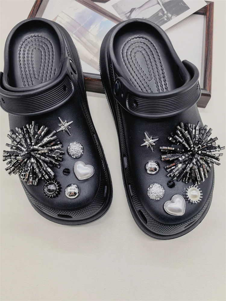 12PCS Shiny Firework Starbust Shoe Charms Accessories Silvery Heart Clogs Shoe Buckles DIY Decorations Round Beads Shoe Clips