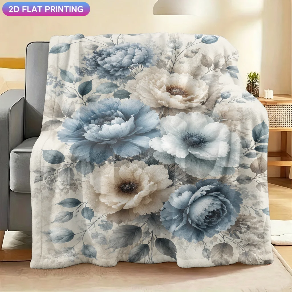 Vintage Watercolor Blue Peony Throw Blanket, Floral Art Flannel Blanket, Soft Plush Blanket for  Decor and Afternoon Snuggling