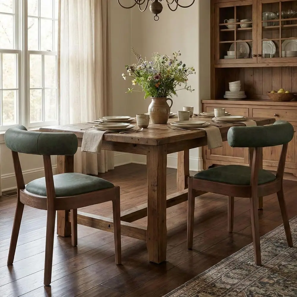 

Green Leather Upholstered Open Back Wooden Dining Chairs Set of 2 for Kitchen, Dining Room, or Lounge
