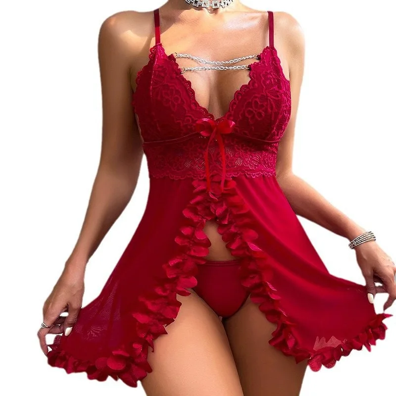 Sexy Ruffle Sheer Mesh Lace Babydoll Lingerie Open Front V Neck Mini Dress with…