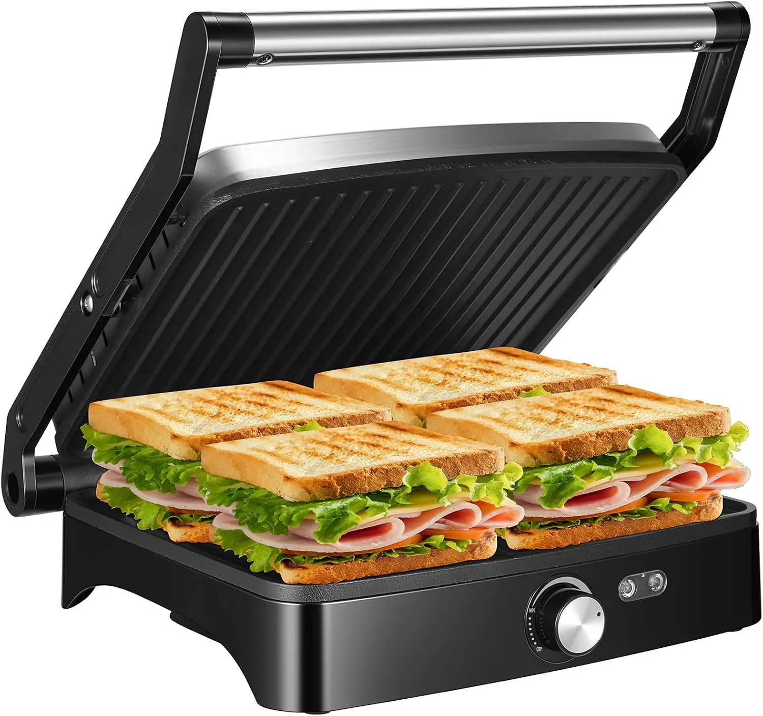 

Adjustable Temperature Panini Press Grill, 4-Slice Indoor Grill with Non-Stick Plates and Drip Tray, 1200W for Family Meals