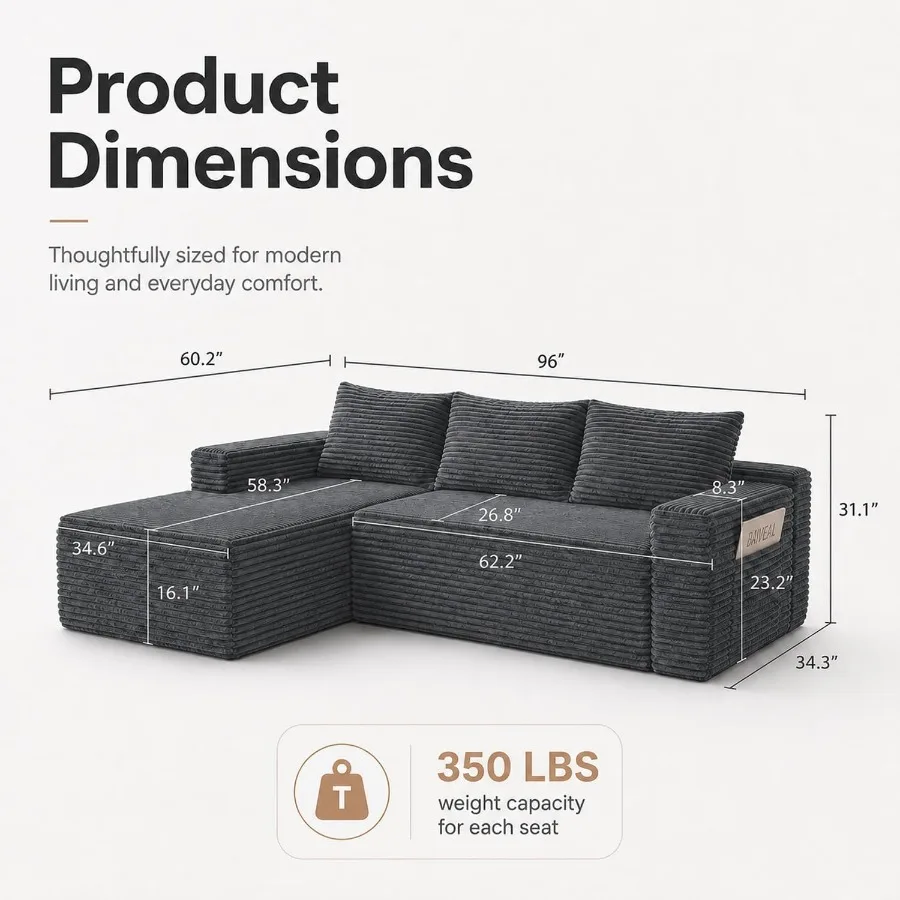 96 inch Boneless Couch, Modular L-Shaped Cloud Sectional Sofa, Dark