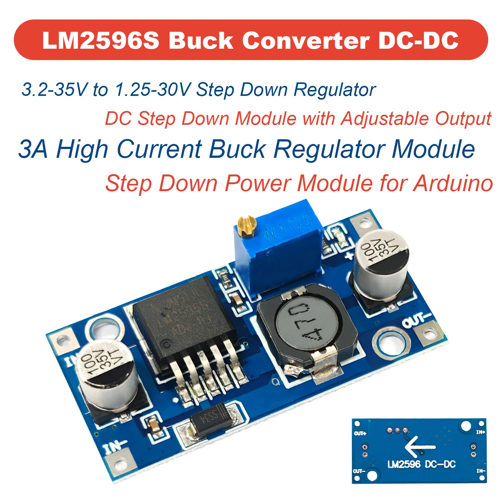 

10 pcs LM2596S Adjustable Buck Converter DC-DC Voltage Regulator 3.2-35V to 1.25-30V Step Down Module High Power 3A for Arduino