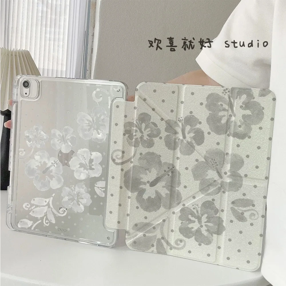 Korean Fusang Flower Polka Dot 3Y-Fold iPad Case For iPad Pro 11 13in 2025 iPad Pro 12.9in Air7 10th 11th M4/5 MINI Tablet Cover