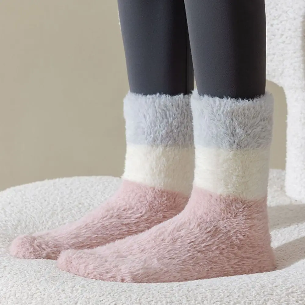 

Simple Thicken Warm Coral Fleece Socks Winter Stripe Patchwork Floor Socks Hosiery Sleeping Mid Tube Socks Women For Female Men