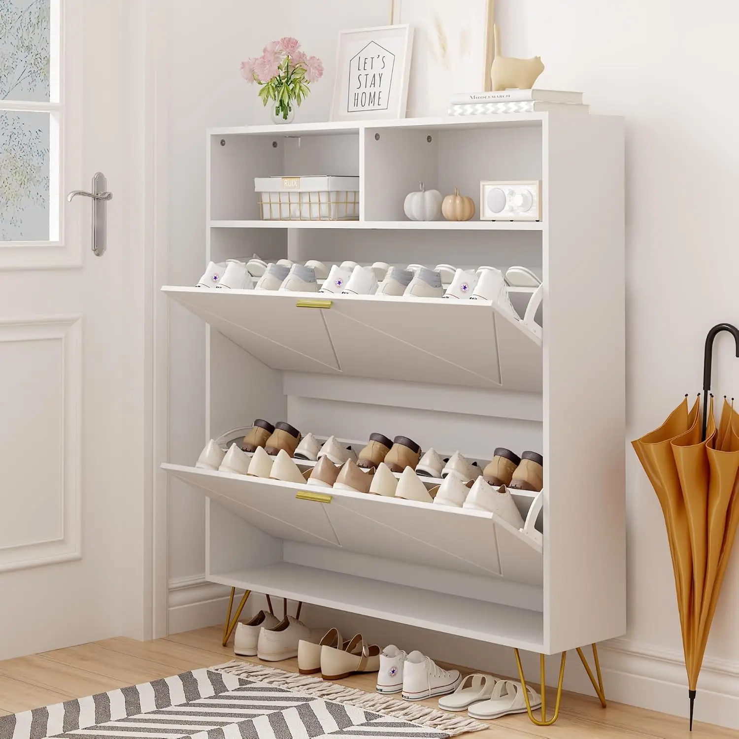 خزانة أحذية بيضاء كبيرة مقاس 46 بوصة مع درجين ورفوف مفتوحة، ومنظم مدخل ضيق