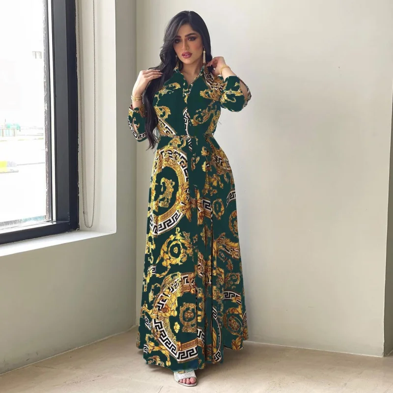 Middle East Hot Sale Large Swing Women's Clothing Printed Shirt Dress Women's Muslim Dress Ladies Robe