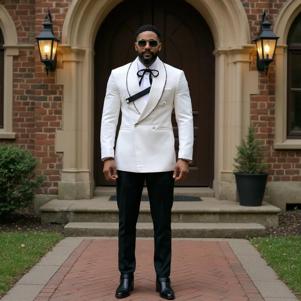 

Stunning Beaded Formal Men Suits for African Fashion Double Breasted Wedding Groom Tuxedo 2 Pieces Set Male Fashion Suit