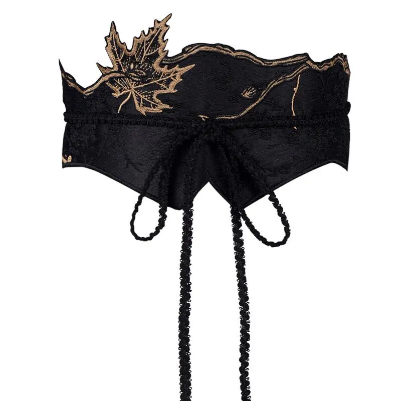 Women Vintage Gold Thread Maple Leaf Embroidered Waist Corset Belt Adjustable Lace Up Waist Cincher For Dresses Daily Party Wear