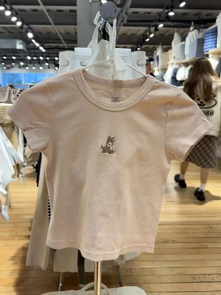 Little Deer Embroidery Pink T Shirt Women Cotton Round Neck Short Sleeve Tees Tops Female Vintage Cute Summer Slim Crop Top Y2k