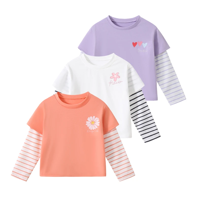 

Комплект из 3 комплектов рубашек с длинными рукавами для девочек, модные топы с круглым вырезом в полоску и сердечками, комплект детской одежды