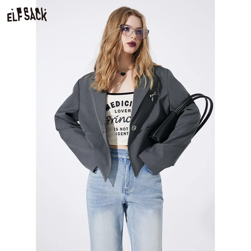 

ELFSACK grey irregular contrast blazer coat for women 2024 fit in spring loose solid color casual office style coat