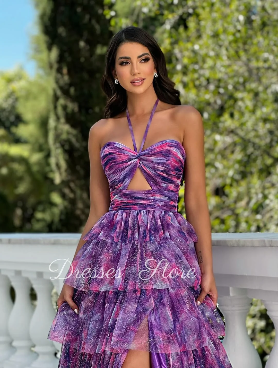 MD Modern New Tie-dye Print Halter Evening Gown Pleat Tiered Side Slit Special occasion Dress فساتين سهرة customised