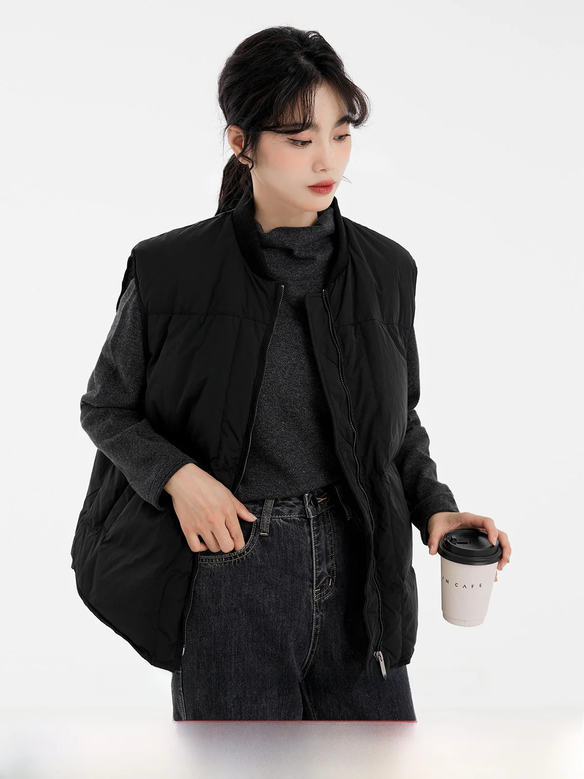 

Loose Casual Bla Women's Duffel Vest Spring New Sle Retro Top round Ne Zipper Closure ort Length Warmth Padded Vest