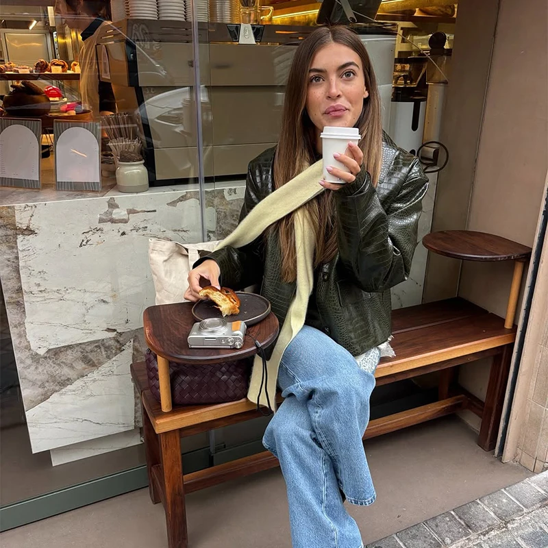 Damen Kunstlederjacken mit Krokodilhaut-Optik, Revers, Langarm, Einreihig, mit Taschen, Herbstmantel, Lockerer Schnitt, Neue Oberbekleidung – Detail 16