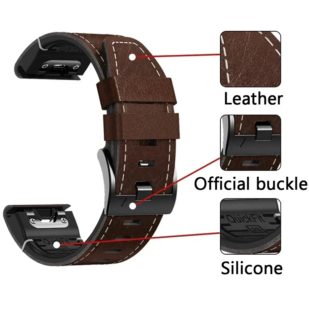 QuickFit 22 26mm Strap For Garmin Epix Gen 2 Leather+Silicone Band Fenix 7 7X Pro 47 51mm 5X Plus 6X 6 Enduro Bracelet Watchband