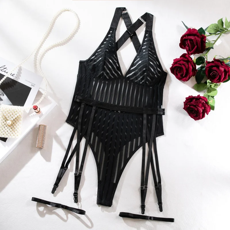 

Sexy Bikini Lingerie One-Piece Striped Stitching Sexy Bra Push Up See-through Backless