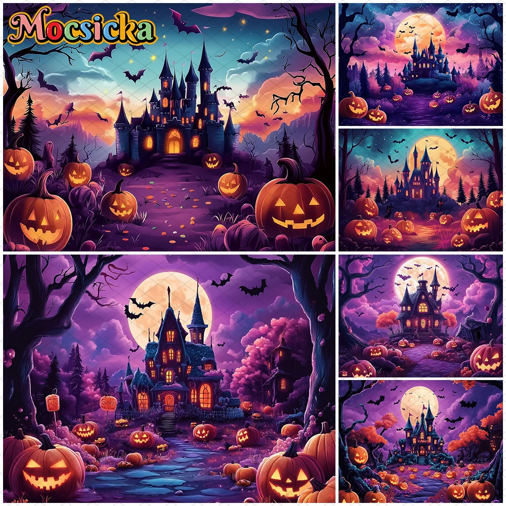 

Mocsicka Halloween Castle Backdrop Night Moon Bat Tree Jack-O-Lantern Decorations Pumpkin Party Child Photo Background Photocall