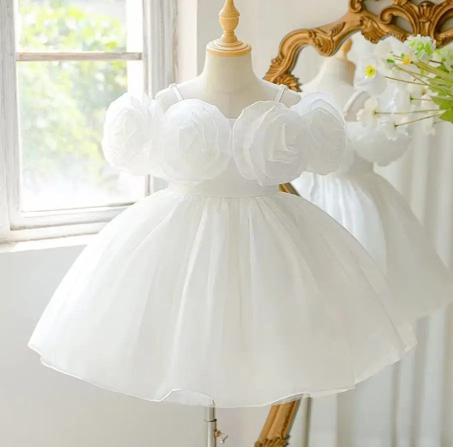 3D Flower Girls' Party Dress Girl Solid White Clothes Child Princess Dresses 4-8 Years