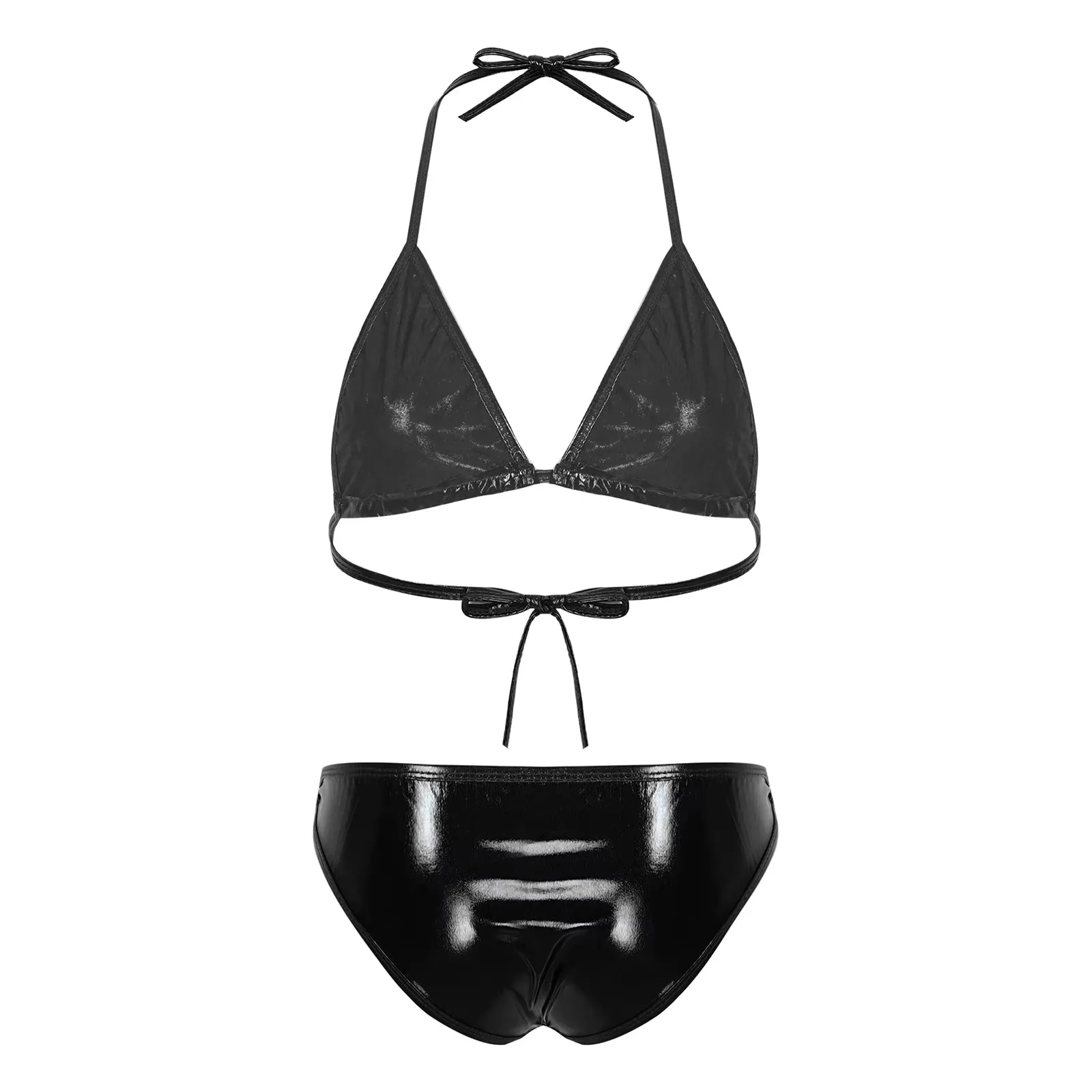 Womens Micro Bikini Set Shiny Metallic Bra Top with Thong 2 Piece Lingerie Set Extreme Swimwear Swimsuit Sexy Bathing Suit