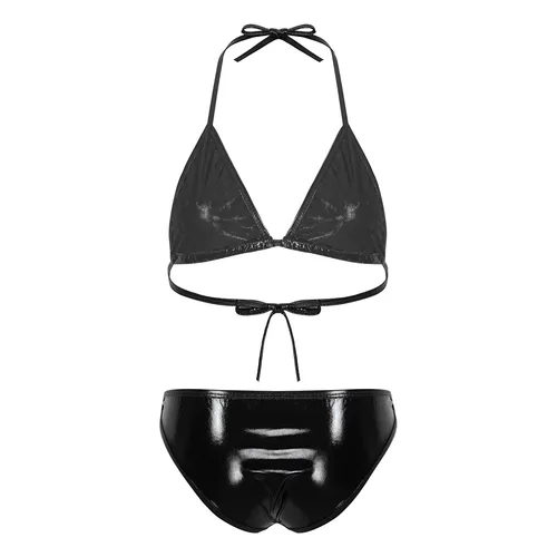 Imagen 2 del producto Conjunto de microbikini para mujer, sujetador metálico brillante, Top con Tanga, conjunto de lencería de 2 piezas, traje de baño extremo, traje de baño Sexy