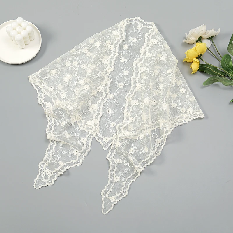 2024 Populor Summer Thin Embroider Lace Triangle Hijab Scarf Solid Color Veil  Women Shawl  Beach Breathable  Sunscreen  Wraps