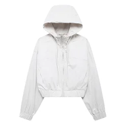 Tangada 2024 Women Beige Oversized Hood Crop Jacket Coat Pocket Long Sleeve Female Zipper Outwear 3H889