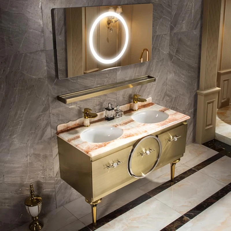 

Light luxury stainless steel bathroom cabinet combination bathroom washbasin wabi sandy wind gold double basin marble floor