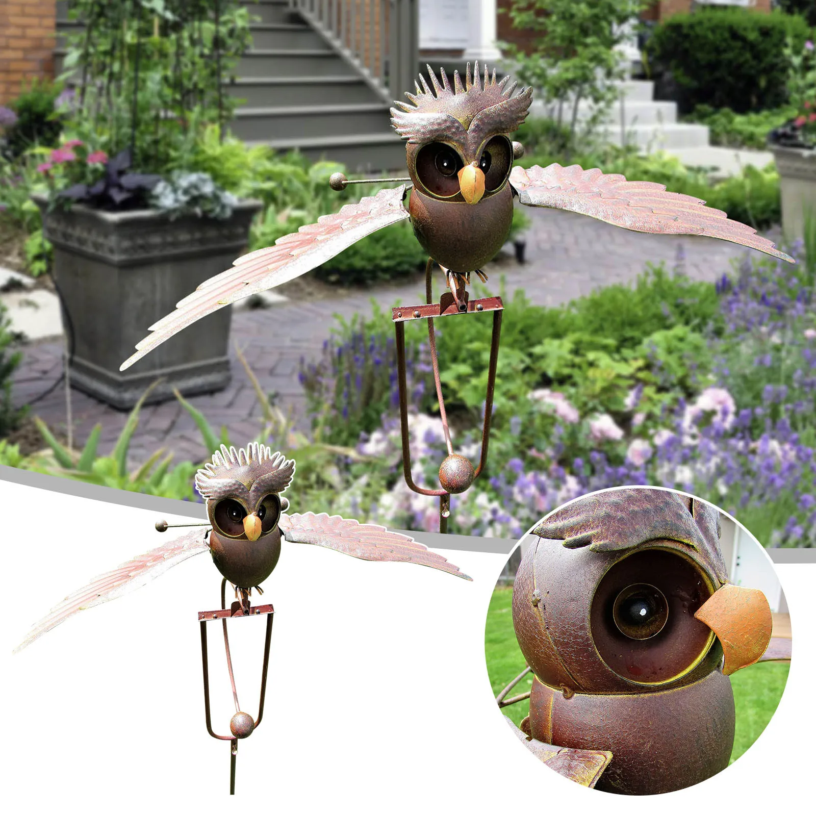 Flapping Metal Brown Gray Owl Yard Stake Rocking Wind Whirly Garden Art Garden Decoration Outdoor садовые фигуры для сада 1pcs